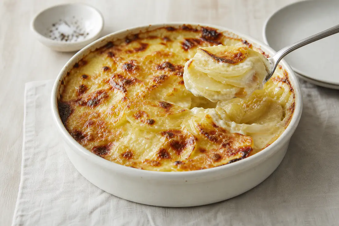 A small round baking dish of creamy dauphinoise potatoes with a golden bubbling top and a spoon lifting a portion