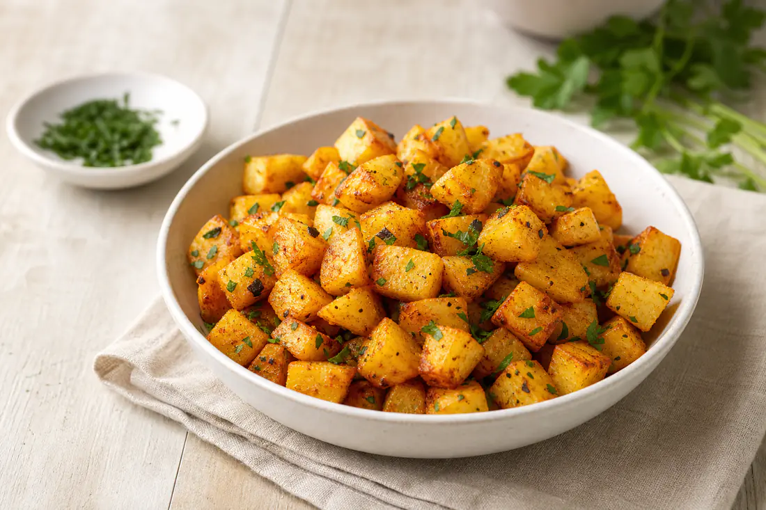 A bowl of golden crispy diced potatoes with paprika and chopped parsley on a wooden table