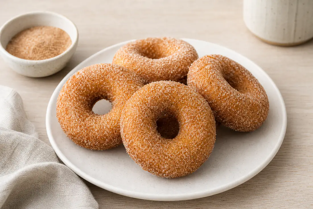 Six golden ring doughnuts coated in cinnamon sugar on a white plate, with a small bowl of sugar beside them