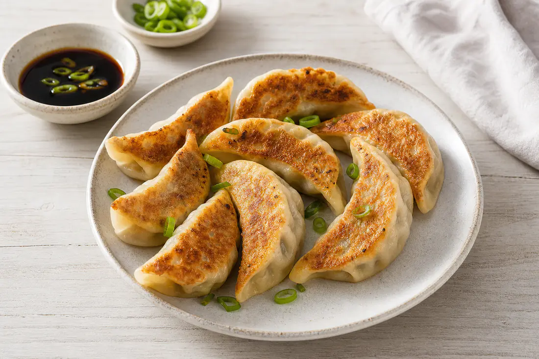 Golden crescent-shaped gyoza dumplings on a small plate with a bowl of soy dipping sauce and chopped spring onion