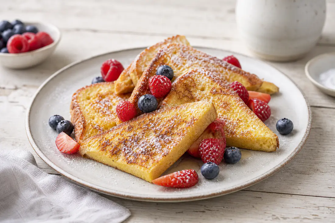 Golden eggy bread (French toast) slices cut in triangles on a plate with berries and a dusting of icing sugar