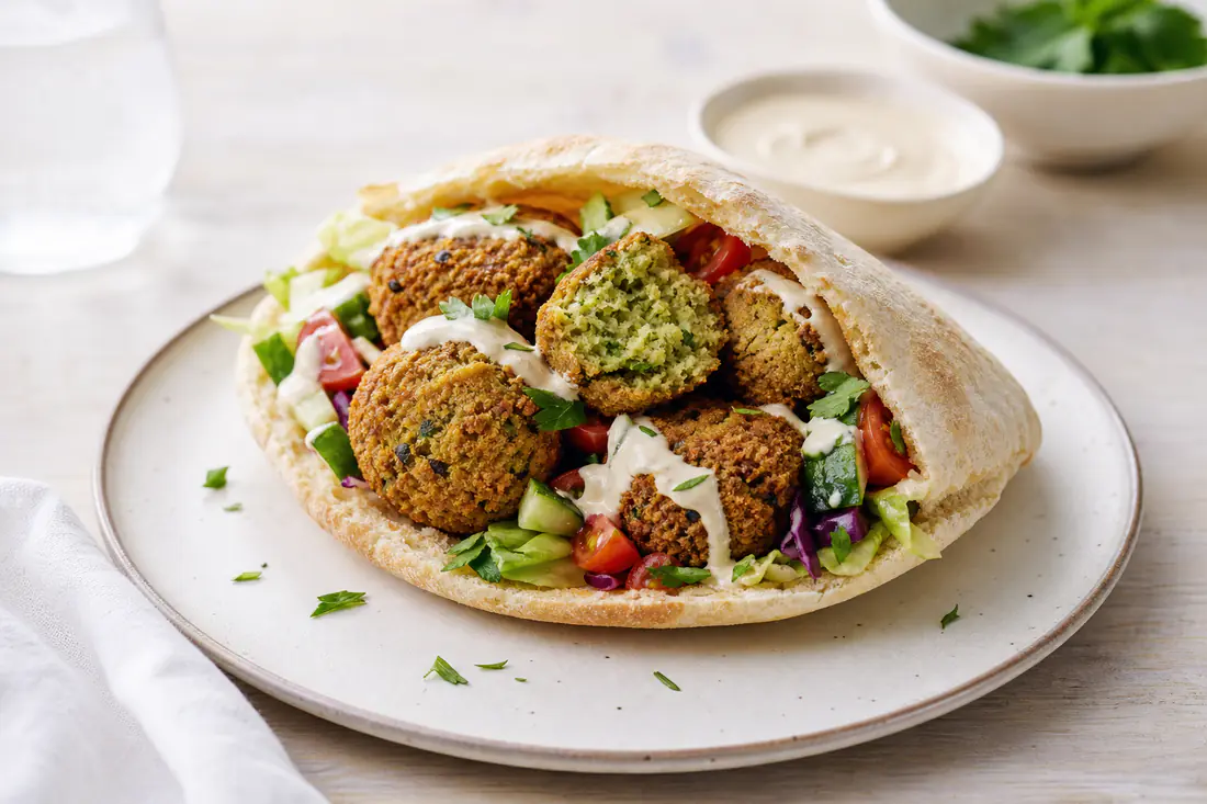 Golden falafel balls, one broken open to show a green herby centre, in a pitta with salad and tahini sauce