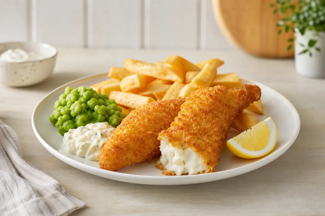 Two golden crumbed fish fillets with thick chips, mushy peas, tartare sauce and a lemon wedge on a plate