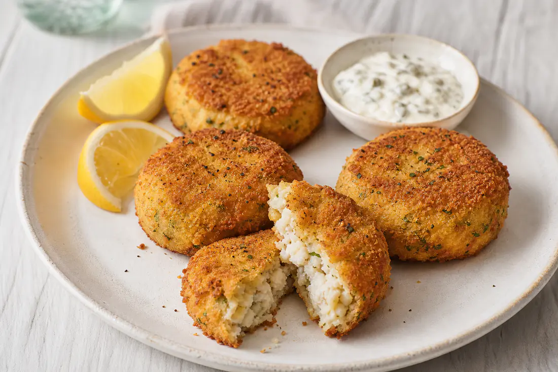 Four crisp golden breaded fish cakes, one broken open to show flaky fish and potato, with lemon wedges and tartare sauce