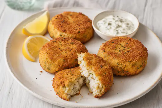 Four crisp golden breaded fish cakes, one broken open to show flaky fish and potato, with lemon wedges and tartare sauce