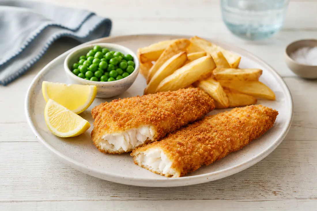 Two crisp golden breaded fish fillets and a few chips on a plate with lemon wedges and peas