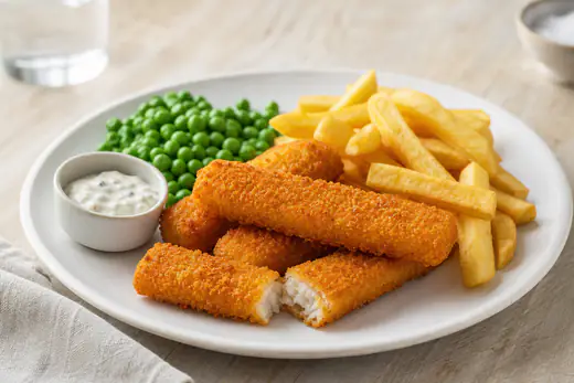 Golden crispy breaded fish fingers on a plate with chips, peas and a small pot of tartare sauce
