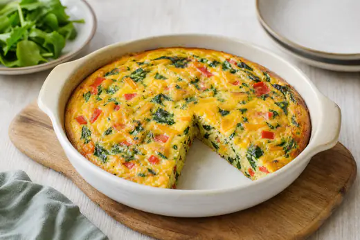 A golden round frittata with peppers, spinach and melted cheddar, cut into wedges, in a baking dish on a wooden board