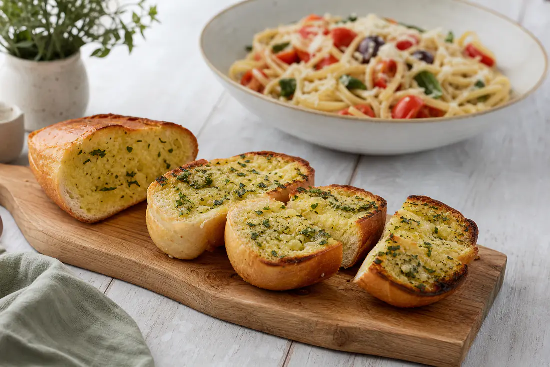 A sliced garlic baguette with golden crisp edges and melted garlic butter with parsley, on a wooden board
