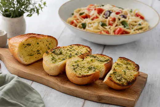 A sliced garlic baguette with golden crisp edges and melted garlic butter with parsley, on a wooden board