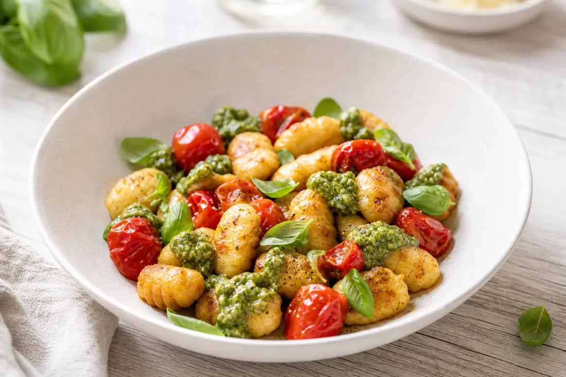 Crispy golden potato gnocchi in a white bowl with cherry tomatoes, basil leaves and pesto