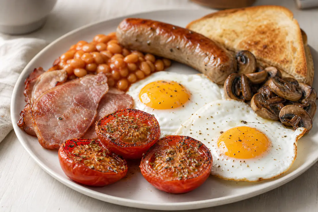 Four roasted tomato halves with browned tops and herbs on a plate beside fried eggs and toast