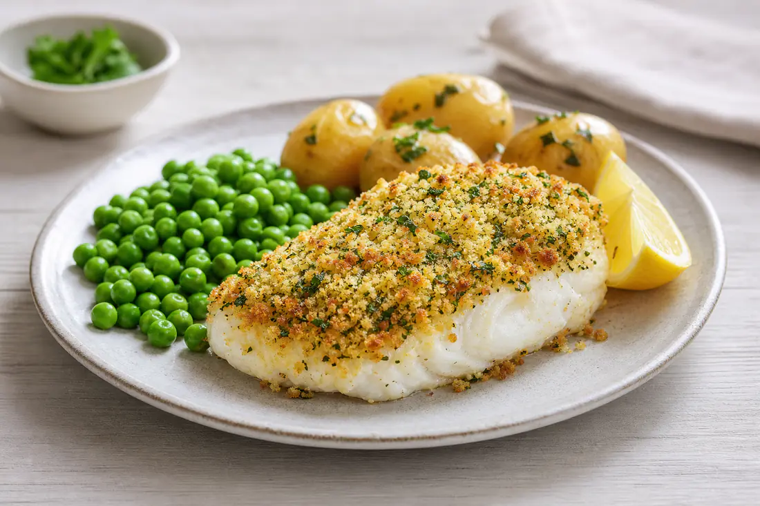 A haddock fillet with a golden parsley and lemon breadcrumb crust on a plate with peas and a lemon wedge