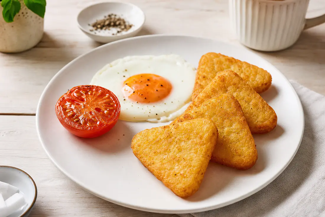 Four golden crispy hash brown triangles on a white plate with a fried egg and grilled tomato