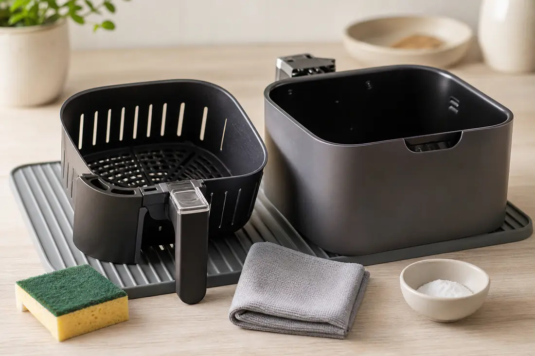 Clean empty air fryer basket and drawer on a draining board next to a sponge and cloth