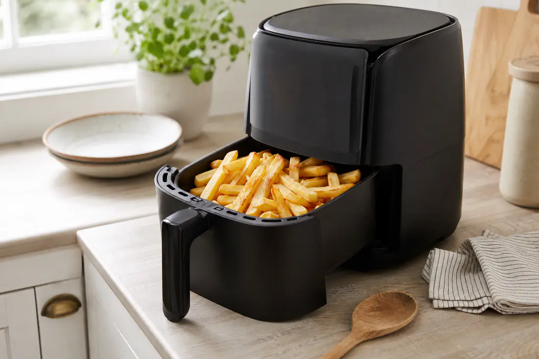 A new basket air fryer on a kitchen worktop with the basket pulled out, holding golden chips, beside a wooden spoon and a folded tea towel