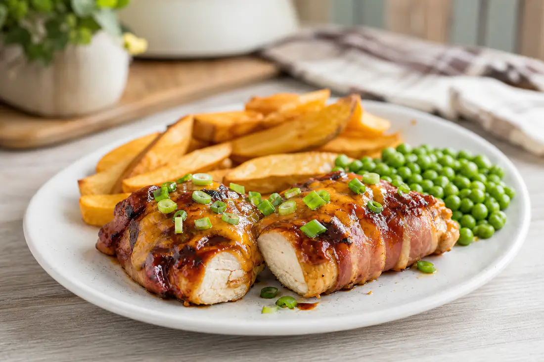 Bacon-wrapped chicken breasts topped with barbecue sauce and melted cheddar on a plate with chips and peas