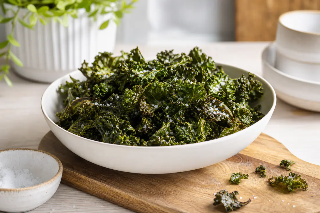 A bowl of crispy dark green curly kale chips with sea salt on a wooden board