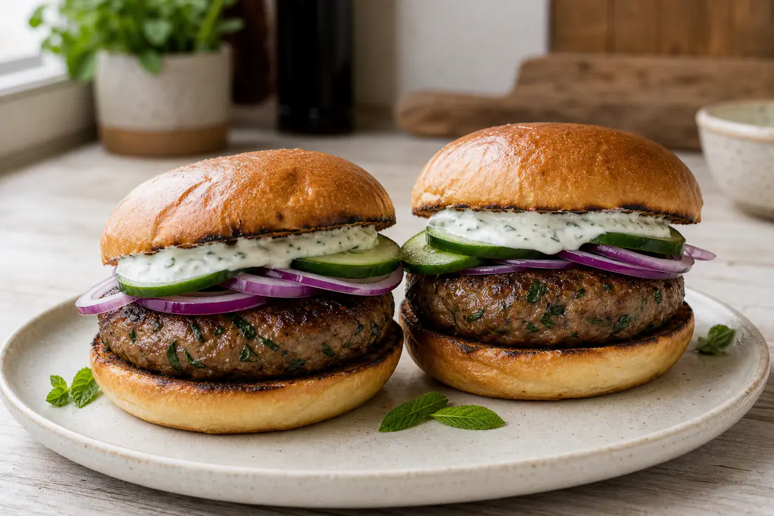 Two browned lamb burgers flecked with mint in toasted buns with cucumber, red onion and yoghurt sauce