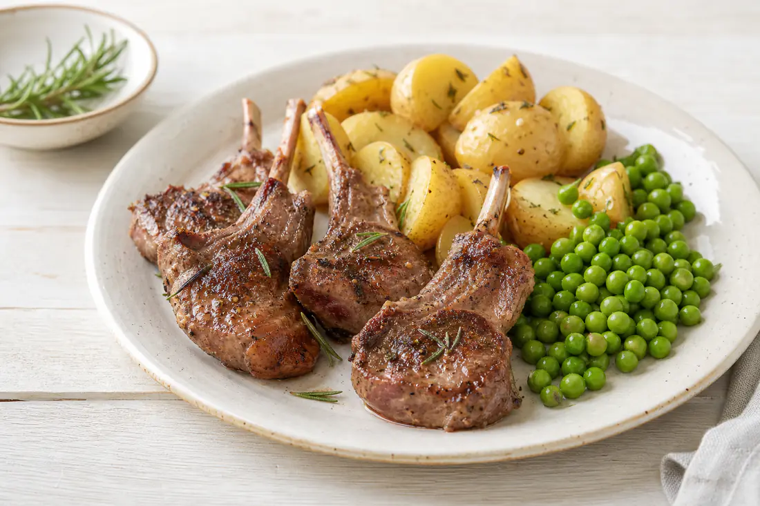 Four browned lamb loin chops with rosemary on a plate with new potatoes and peas