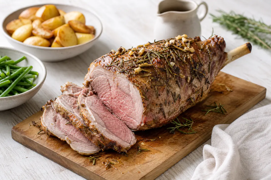 A browned half leg of lamb studded with rosemary and garlic on a board, partly carved to show pink slices