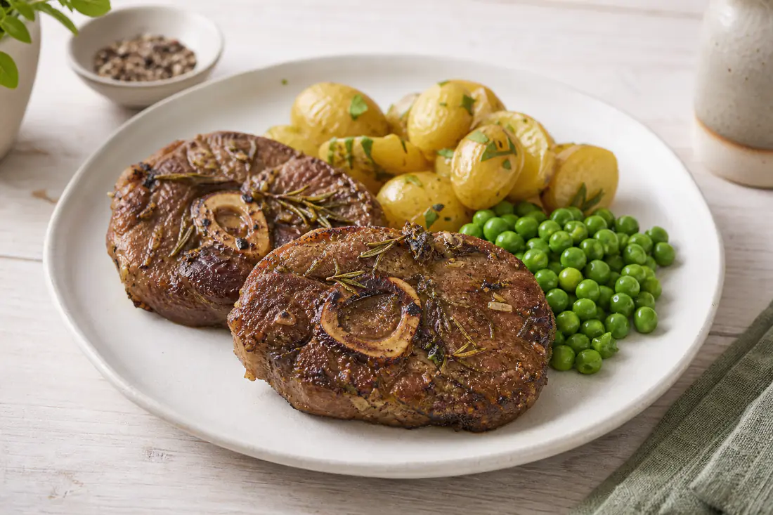 Two browned lamb leg steaks with rosemary and garlic on a white plate with new potatoes and peas