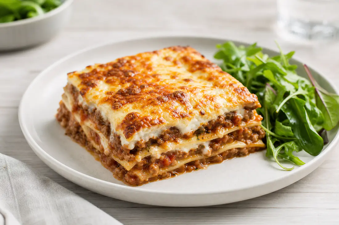A square portion of beef lasagne with browned cheese on top, served on a white plate beside a small green salad