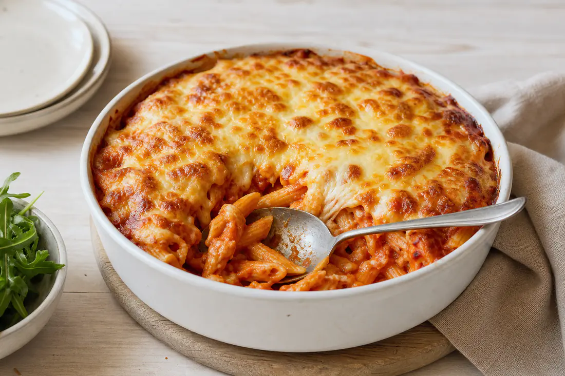 A round dish of tomato pasta bake with penne and a golden bubbling mozzarella and cheddar crust