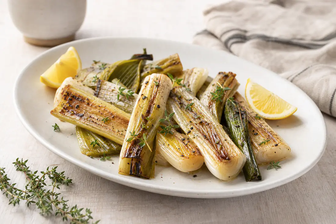 Golden roasted leek halves with lightly charred edges on a white plate with lemon wedges