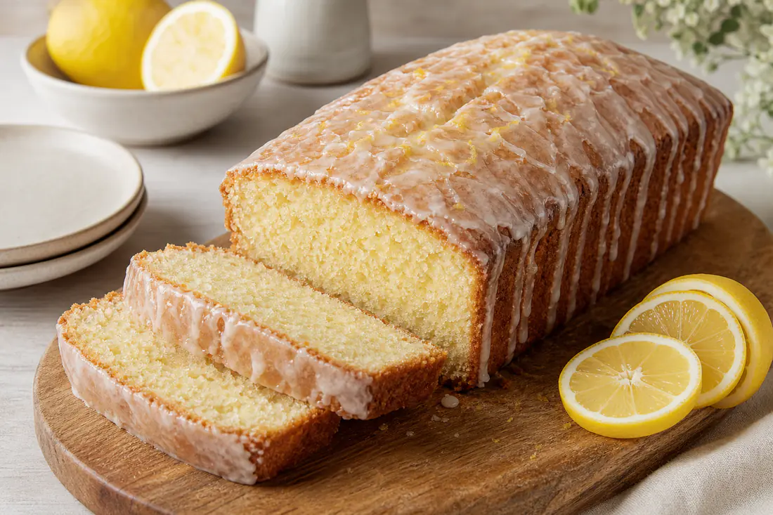 A lemon drizzle loaf cake with a crackled sugary lemon glaze, sliced, with lemon slices on a wooden board