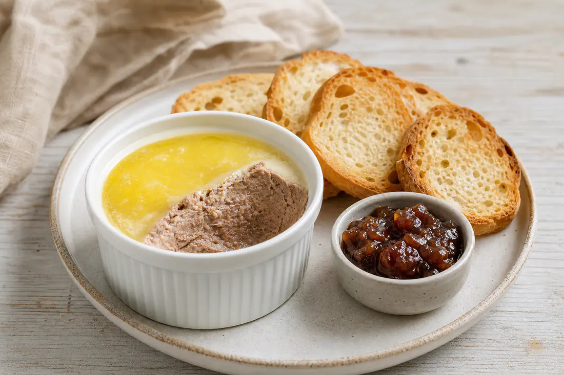 A ramekin of smooth chicken liver pâté with a melted butter top, served with toast and chutney