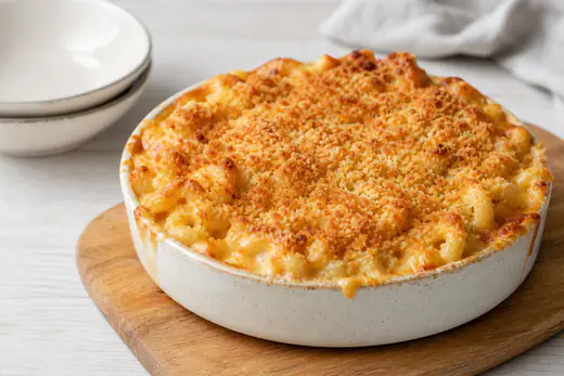 A small round dish of baked macaroni cheese with a golden crumb top and bubbling cheddar on a wooden board