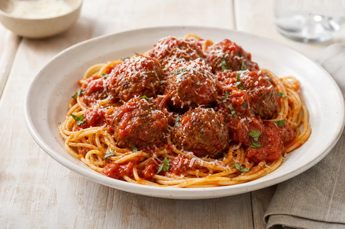 Browned meatballs in tomato sauce on a plate of spaghetti with grated cheese