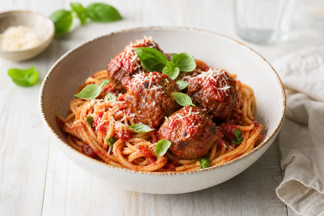 Browned beef meatballs in a bowl of tomato sauce with spaghetti and fresh basil