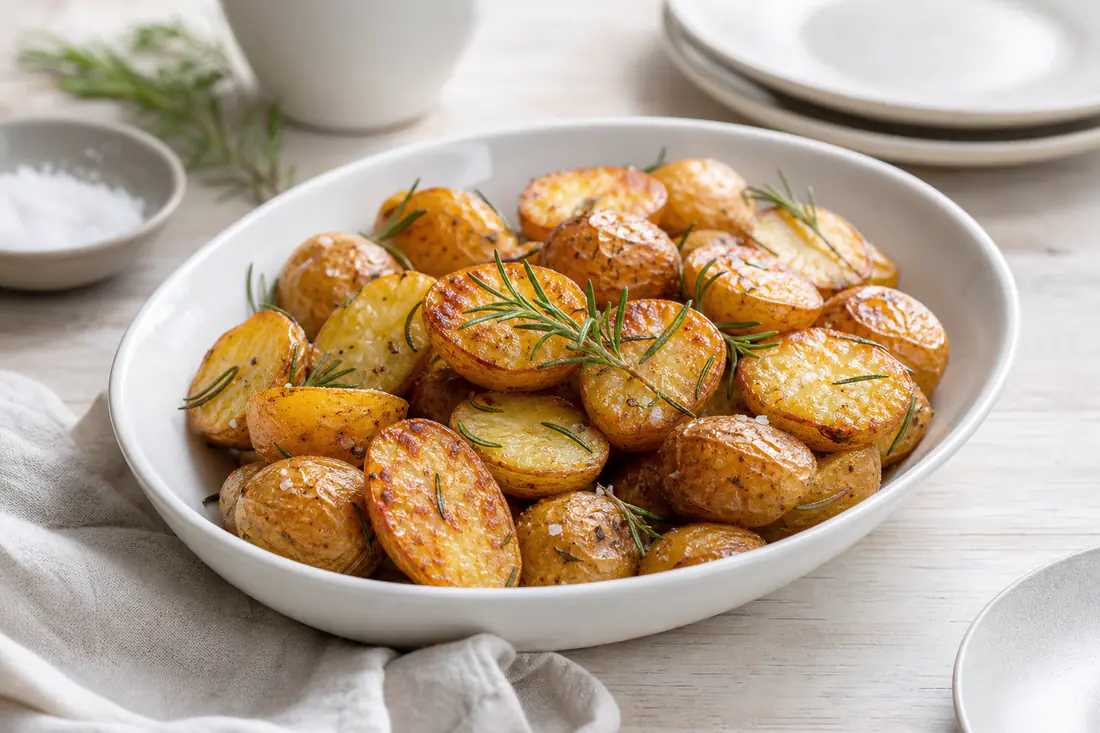 Golden roasted halved new potatoes with rosemary and sea salt in a white serving dish