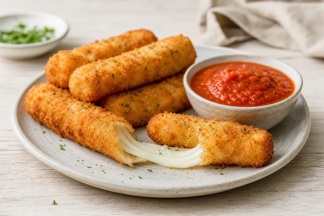 Golden breadcrumbed mozzarella sticks, one pulled apart with a stretch of melted cheese, beside a bowl of tomato sauce