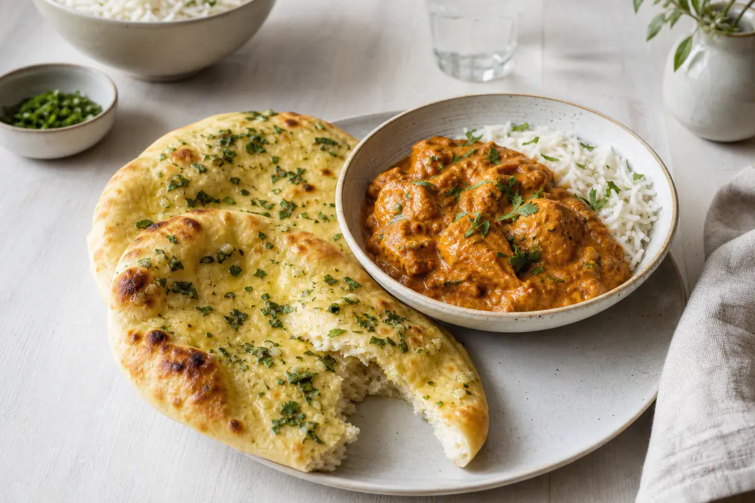 Two warm naan breads brushed with garlic butter and coriander, torn in pieces next to a bowl of curry on a table