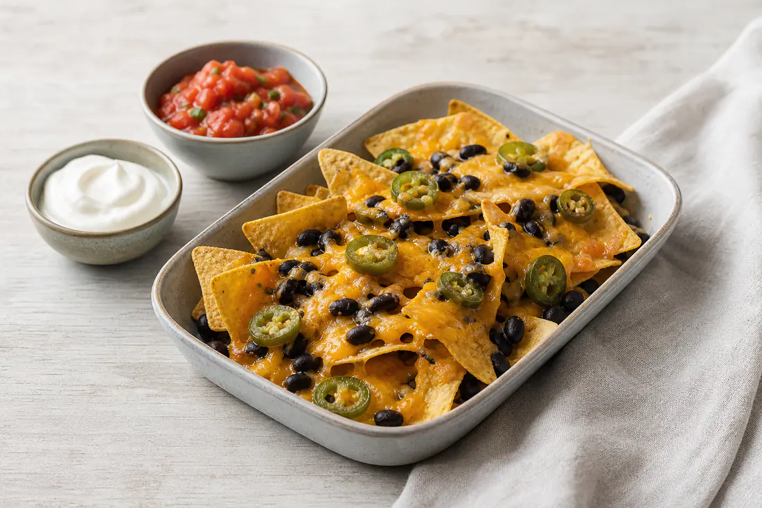 A tray of nachos with melted cheddar, black beans and jalapeños, with salsa and soured cream