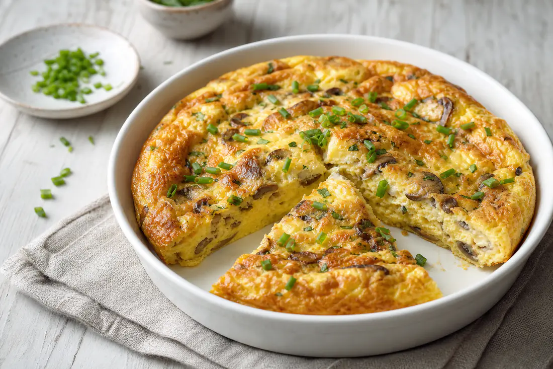 A puffed golden mushroom and cheese omelette cut in half in a round white baking dish with chopped spring onions