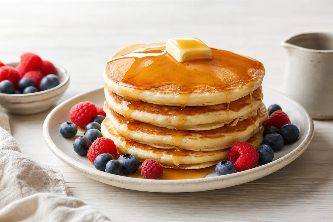 A stack of thick golden pancakes on a plate with fresh berries, a knob of butter and maple syrup running down the sides