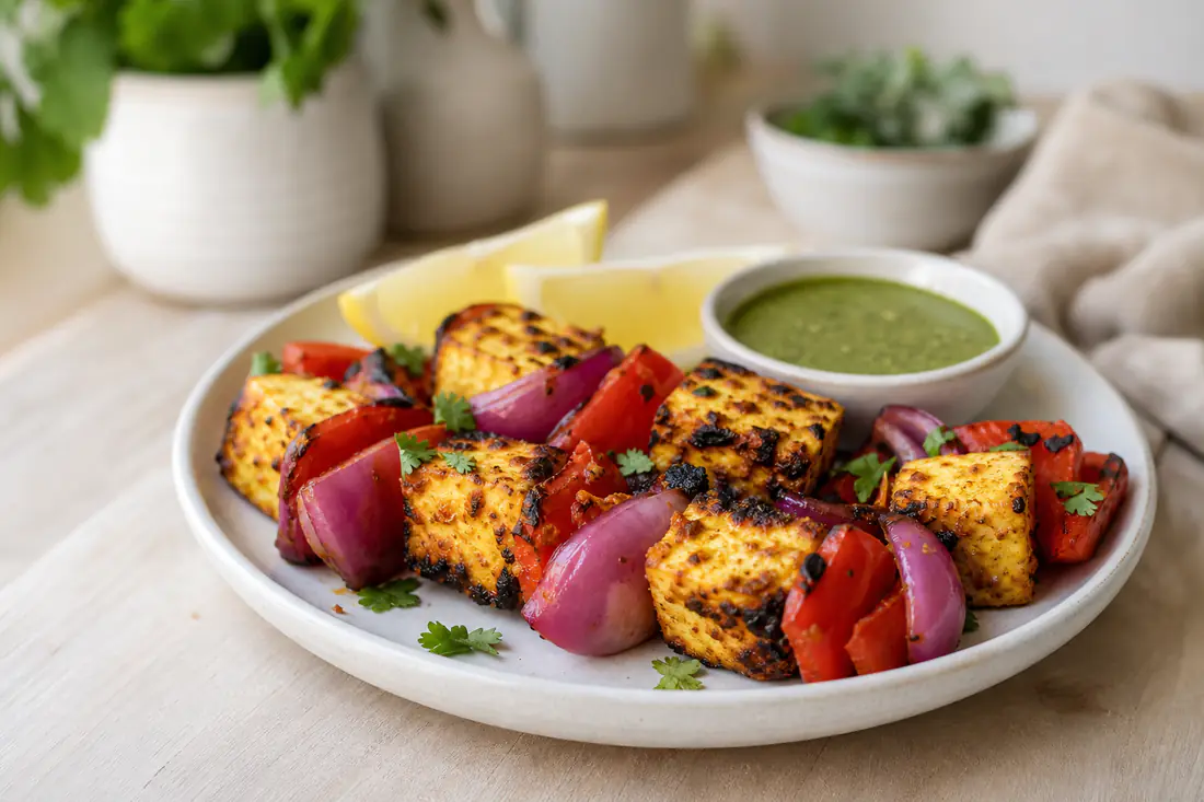 Charred paneer tikka cubes with red onion and peppers on a plate with mint chutney and lemon wedges