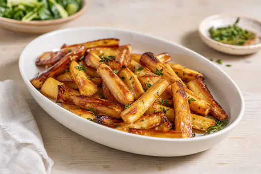 Golden honey roast parsnip batons with caramelised edges and thyme on a white serving dish