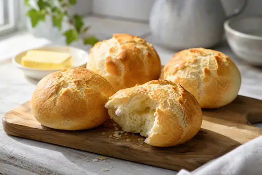 Four golden crusty bread rolls, one torn open to show a fluffy white centre, on a wooden board with butter