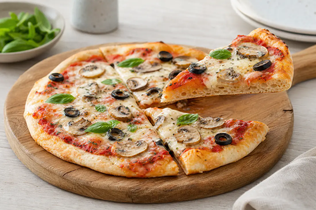 A small round pizza with melted mozzarella, mushrooms and basil on a wooden board, with a slice lifted away