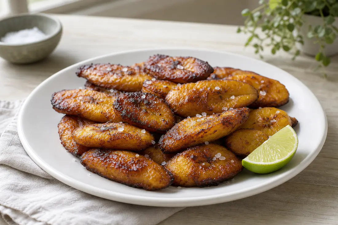 Golden caramelised ripe plantain slices on a white plate with a sprinkle of sea salt and a lime wedge