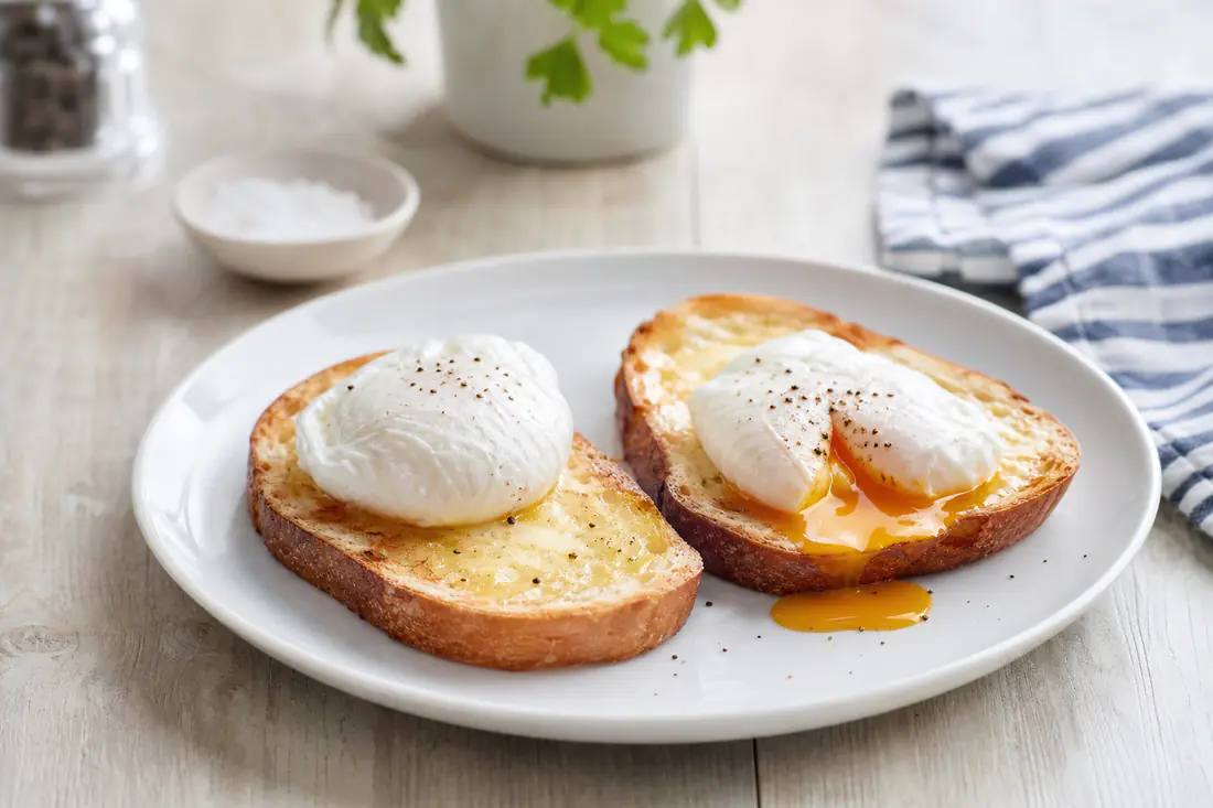 Two neat poached eggs on slices of buttered toast, one cut open with a runny yolk, on a white plate