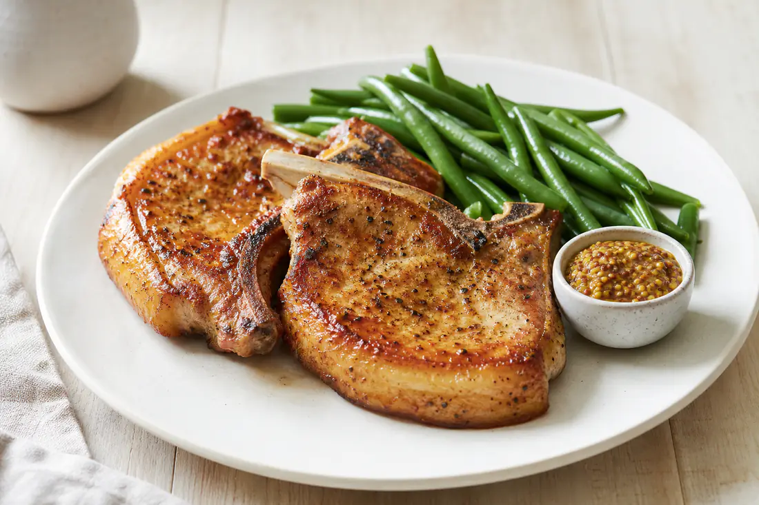 Two golden bone-in pork chops with a crisp fat edge on a white plate with green beans