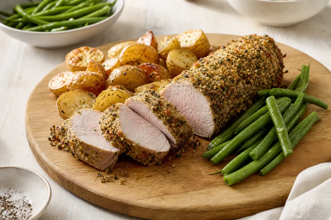 Sliced roast pork fillet with a golden herb crust on a board, with roasted new potatoes and green beans
