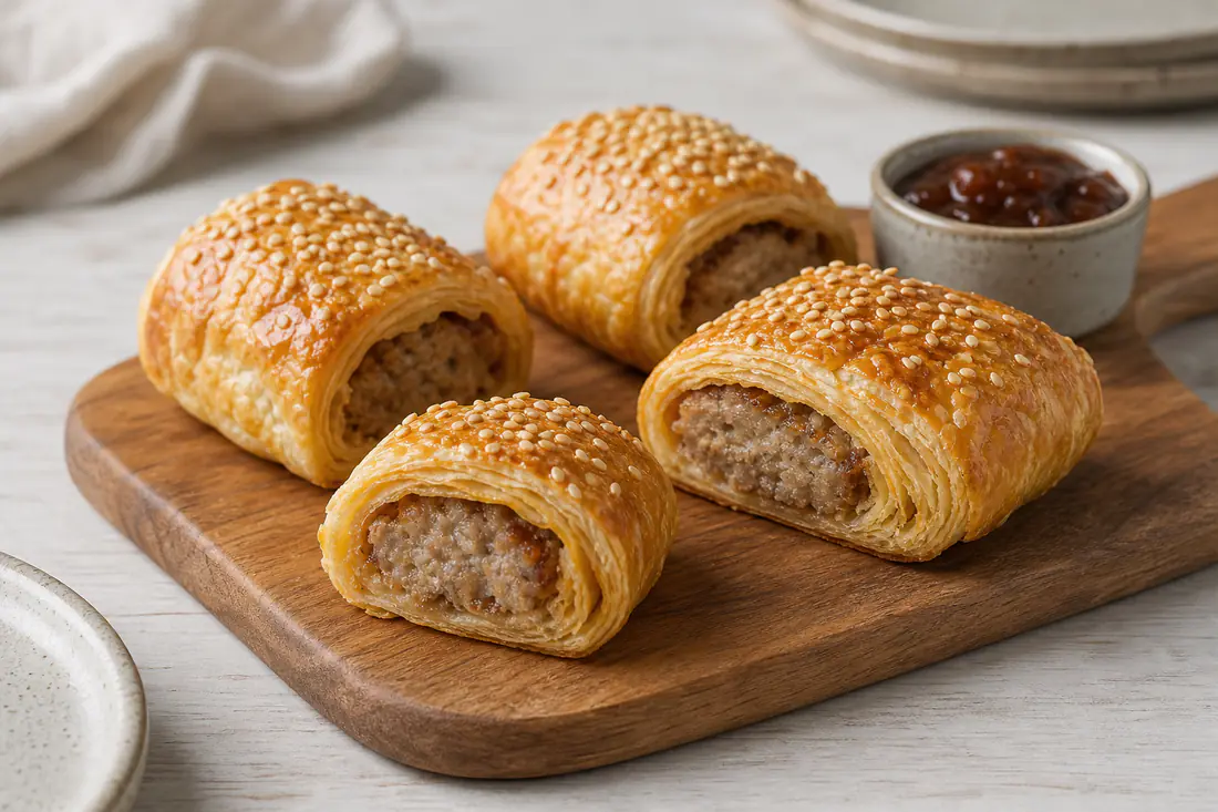 Four golden flaky sausage rolls with sesame seeds on a wooden board with a pot of chutney