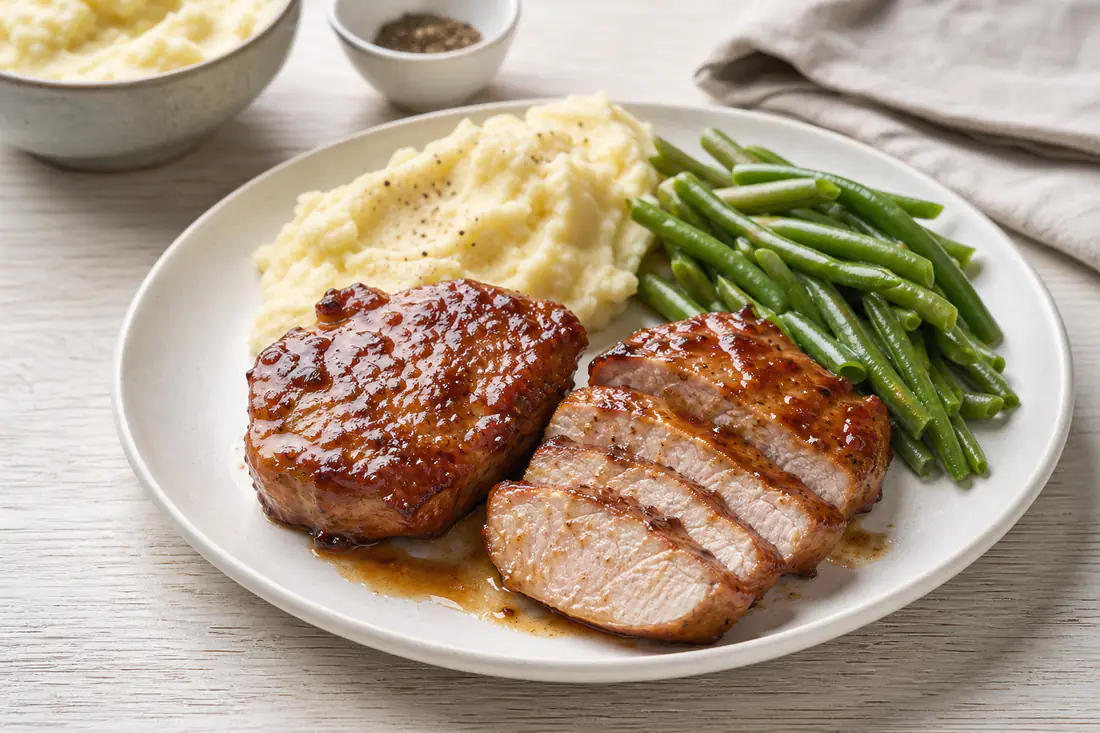 Two glazed boneless pork steaks sliced on a white plate with mashed potato and green beans
